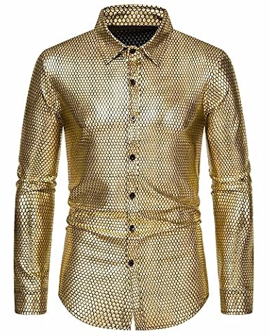 MakingDa Koszula męska Rhombus Bronzing Print z długim rękawem, zapinana na guziki, koszulka z lat 70., kostium na dyskotekę, Złoty, M