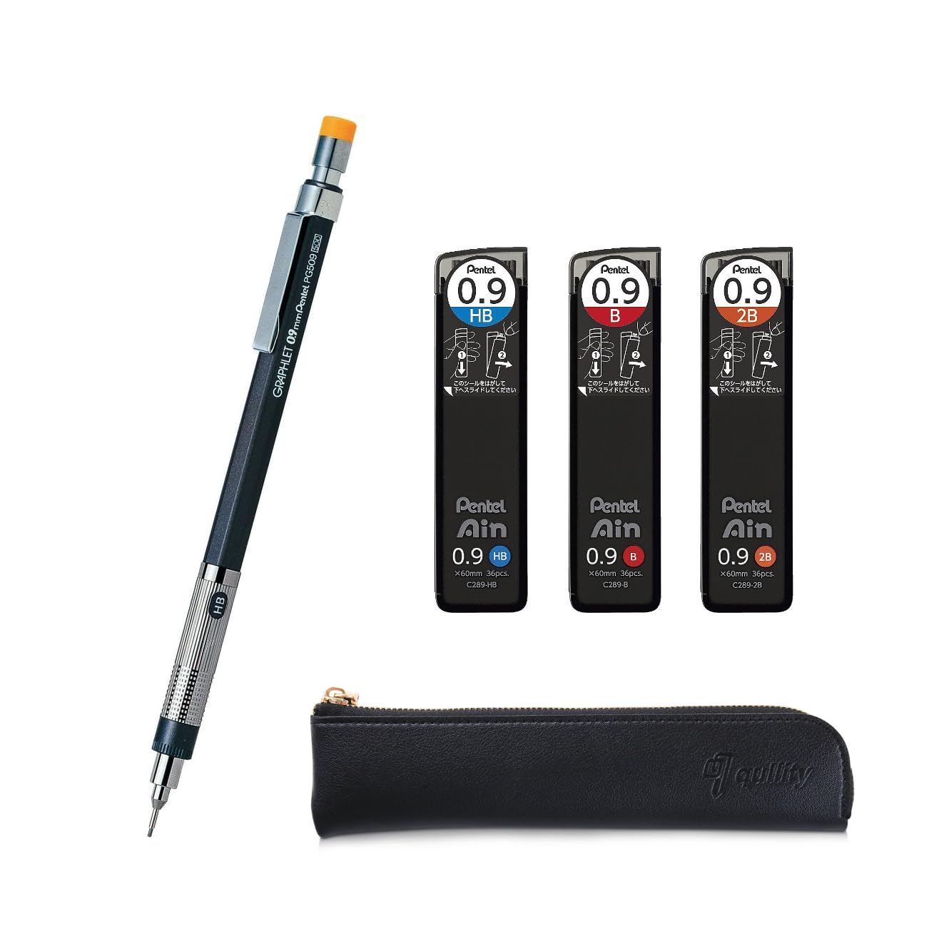 QULLITY Graphlet Mechanical Drafting Pencil + Ain HB/B/2B leads, original Black slim pen case (0.9mm)