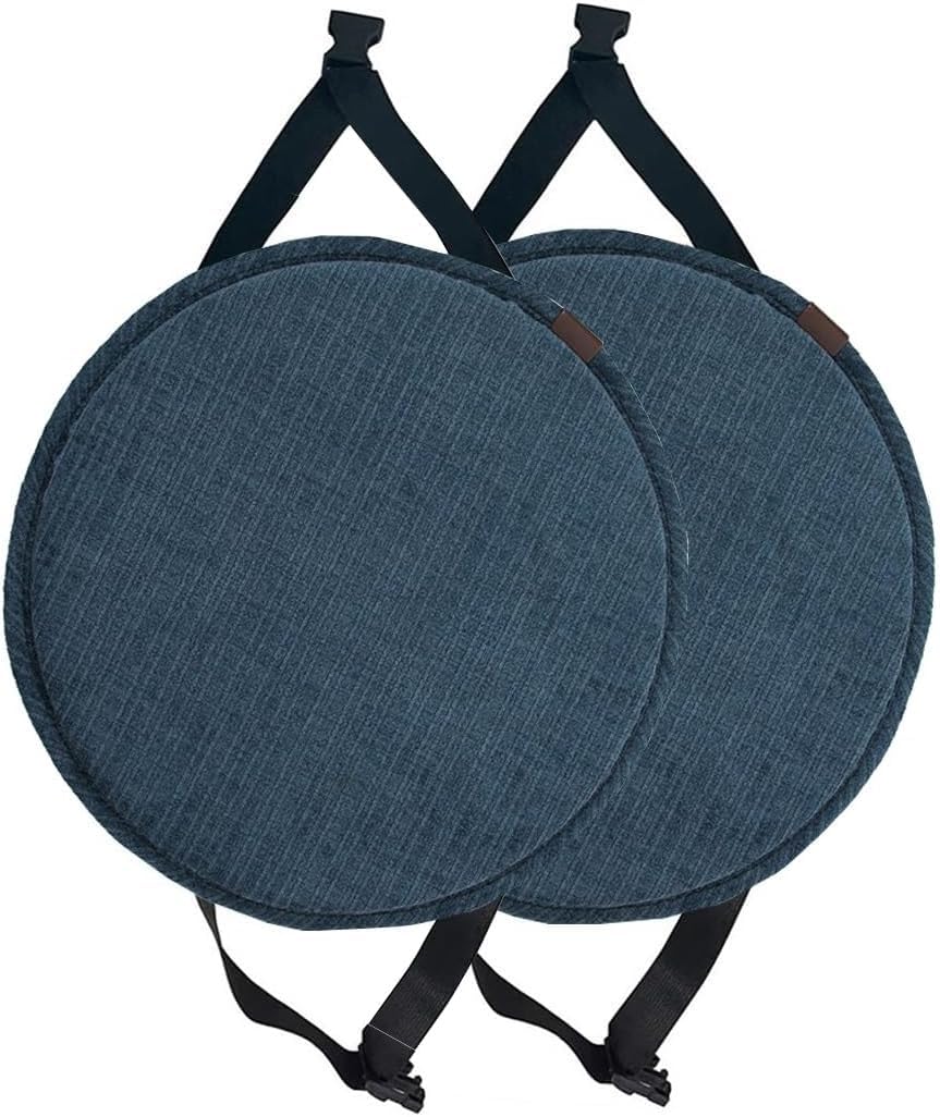 Paquete de 2/4 Cojines Redondos for Silla con Corbatas, Almohadilla for Silla de Taburete de Alta Densidad, cojín de Asiento Redondo Antideslizante for Comedor, Cocina(Dark Blue,33cm (Pack of 2))