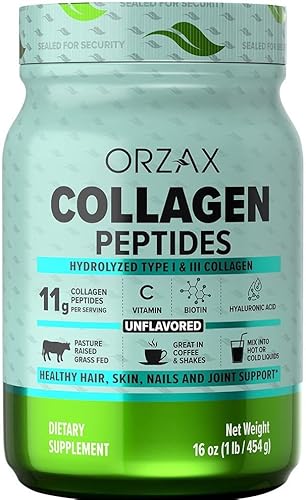 Orzax Collagen Peptides Powder, 11G Collagen, Type I & Iii Grass Fed Vitamin C, Biotin & Hyaluronic Acid, Hair, Nail, Skin & Joint Support Supplement, Sugar Free, Gluten Free, Unflavored, 16 Oz #TOP18