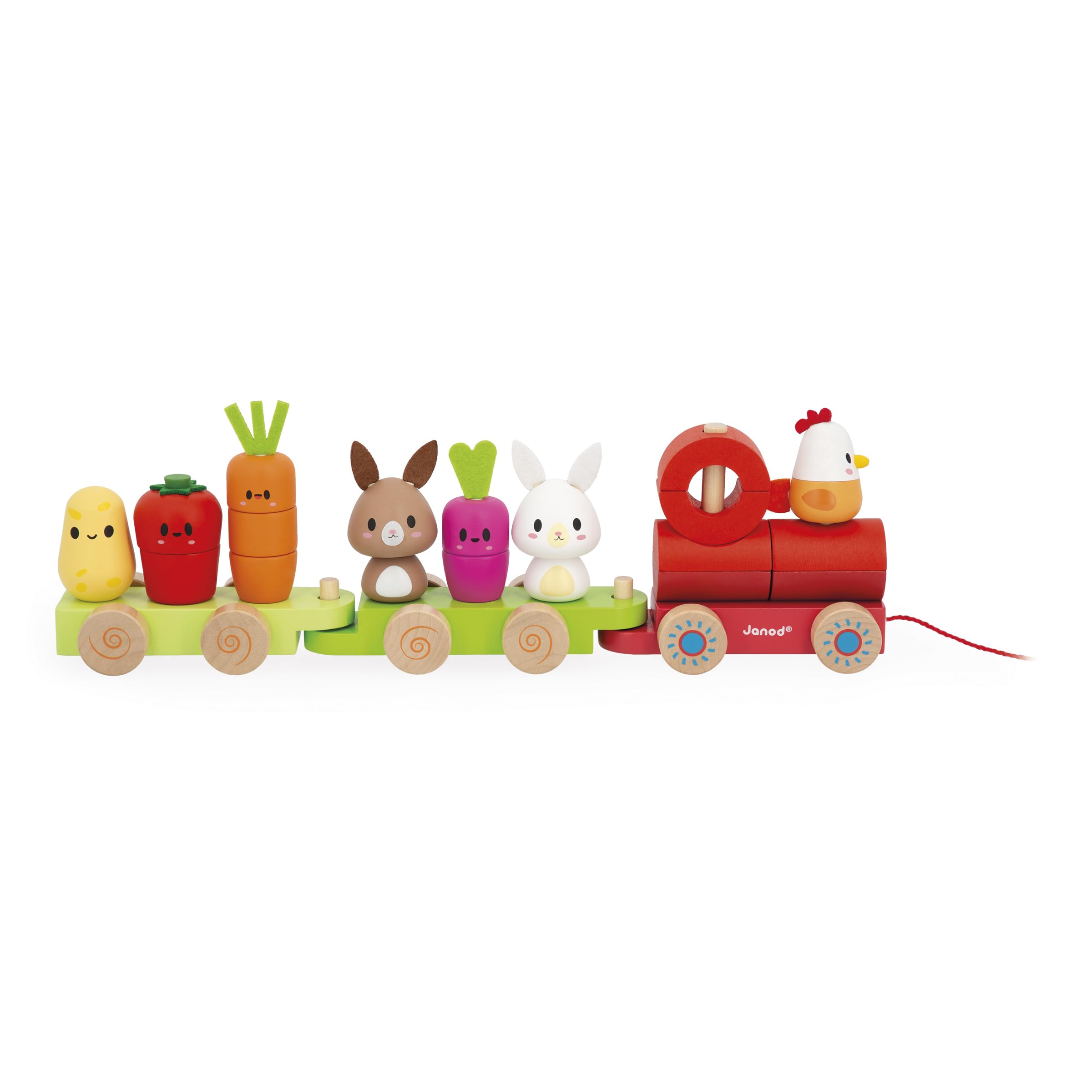 Janod Motyw pociągowy Farm-3 Wagony i 19 sztuk - FSC Strzelanie do drewna i malowanie wodne Zabawka - Rozwijaj umiejętności motoryczne - od 12 miesięcy, J03314, Wielokolorowy