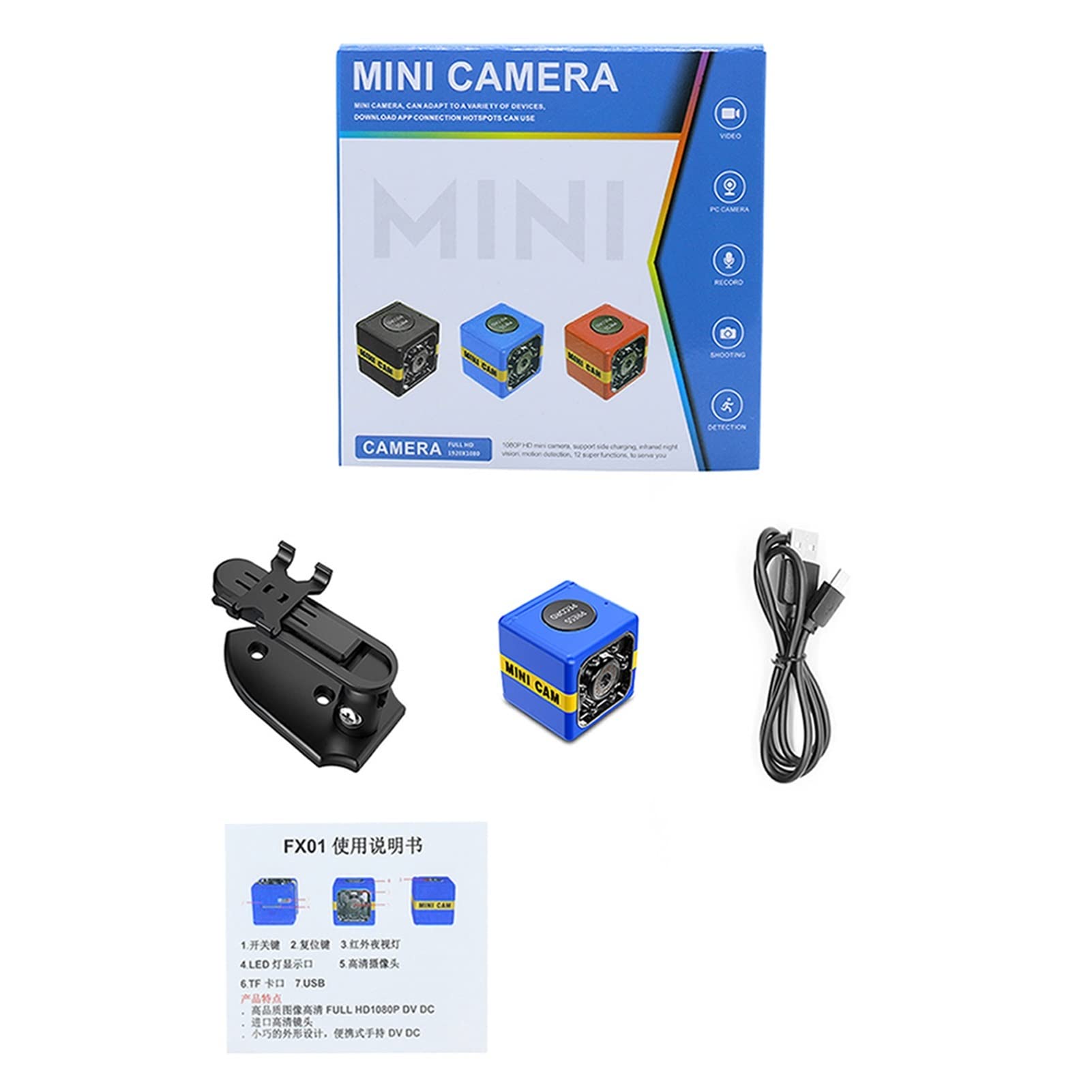 Bodycam, FX01 HD. Mini macchina fotografica IP. PICCOLO CAM CAM 1080P Sensor Night Vision Camcorder Micro Videocamera DVR DV. Videocamere registratore(Add 16GB TF Card,Blauw)