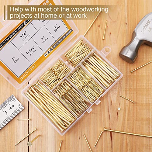 6 Sizes Gold Hardware Nails Assortment Kit, 358Pcs, Brass Plated, Nails For Hanging Pictures, Finishing Nails, Wood Nails, Wall Nails For Hanging (3”, 2”, 1-1/2”, 1-1/4", 1”, 3/4") #TOP1