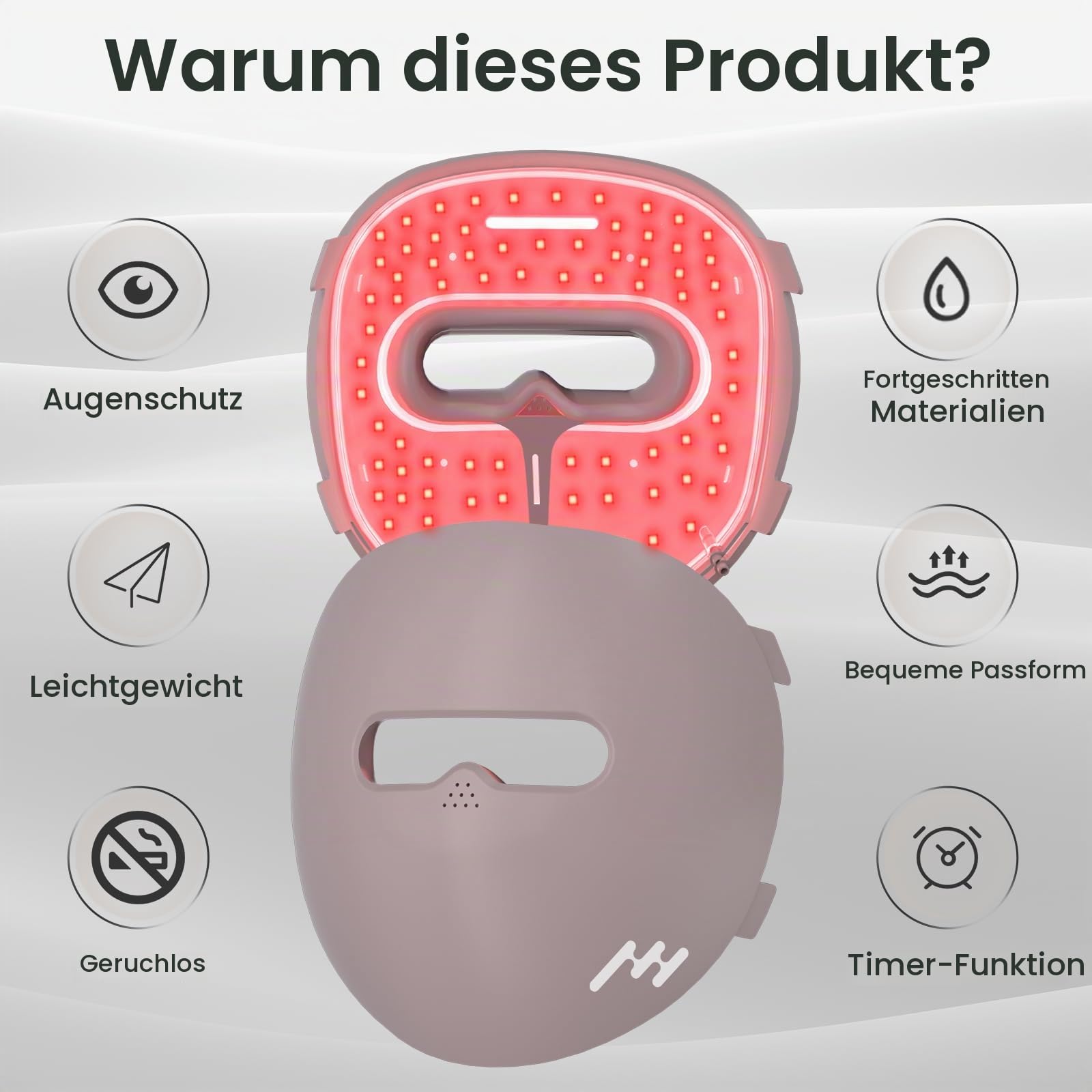 Rotlichtlampe Gesicht, 850 & 660 LED Maske Gesicht mit 10/15/20 Minuten Timer & 5 Helligkeitsstellung, Silizium Rotlicht Maske Gesichts für den Hausgebrauch
