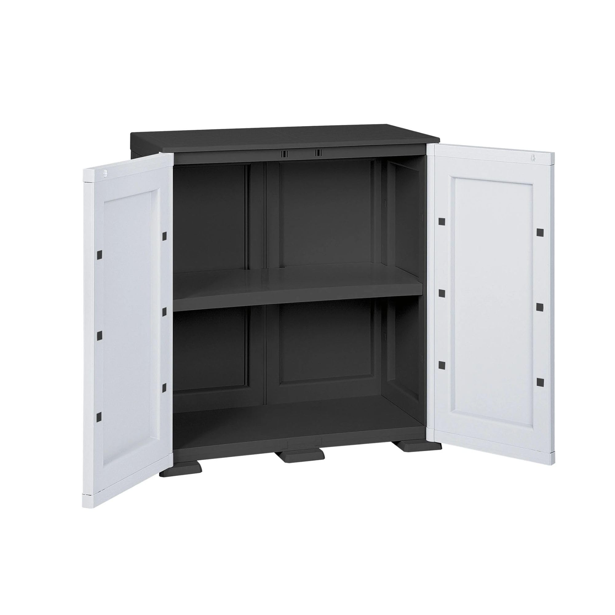 Armadio Basso in Plastica da Esterno 79x43x85,5 cm, con 2 Ripiani – Mobile Contenitore Compatto Salvaspazio per Balcone, Terrazza e Organizzazione Casa (Grigio/Nero)