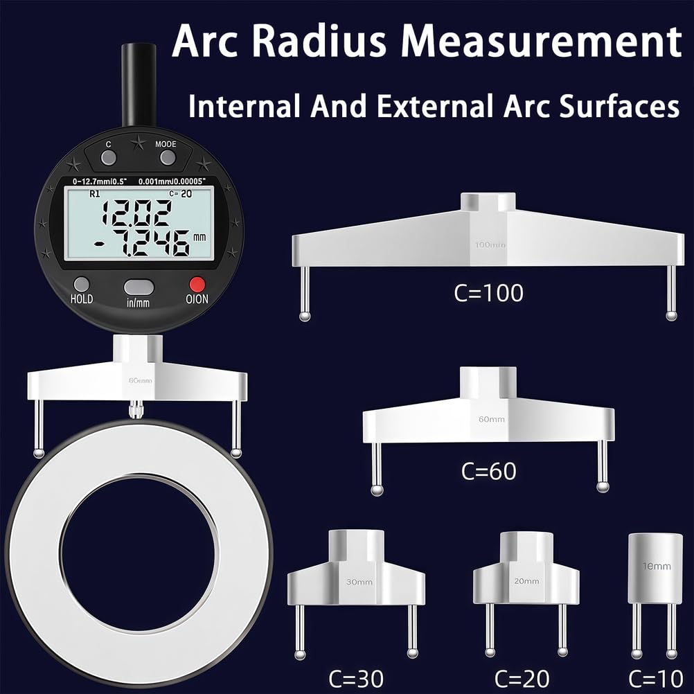 Calibro digitale per raggi, strumento micrometrico e profondità 3 in 1, profondità 1,3 cm con 5 ganasce, raggio da 0,5 a 69,8 cm, per misurazioni precise