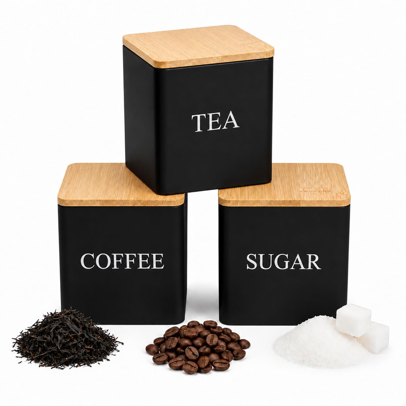 Lafefe 3 Pcs Tea Coffee Sugar Canisters Set with Airtight Bamboo Lids – Modern Square Steel Kitchen Storage Jars – Refined Countertop Containers for Industrial Coffee Corner(Matte Black)