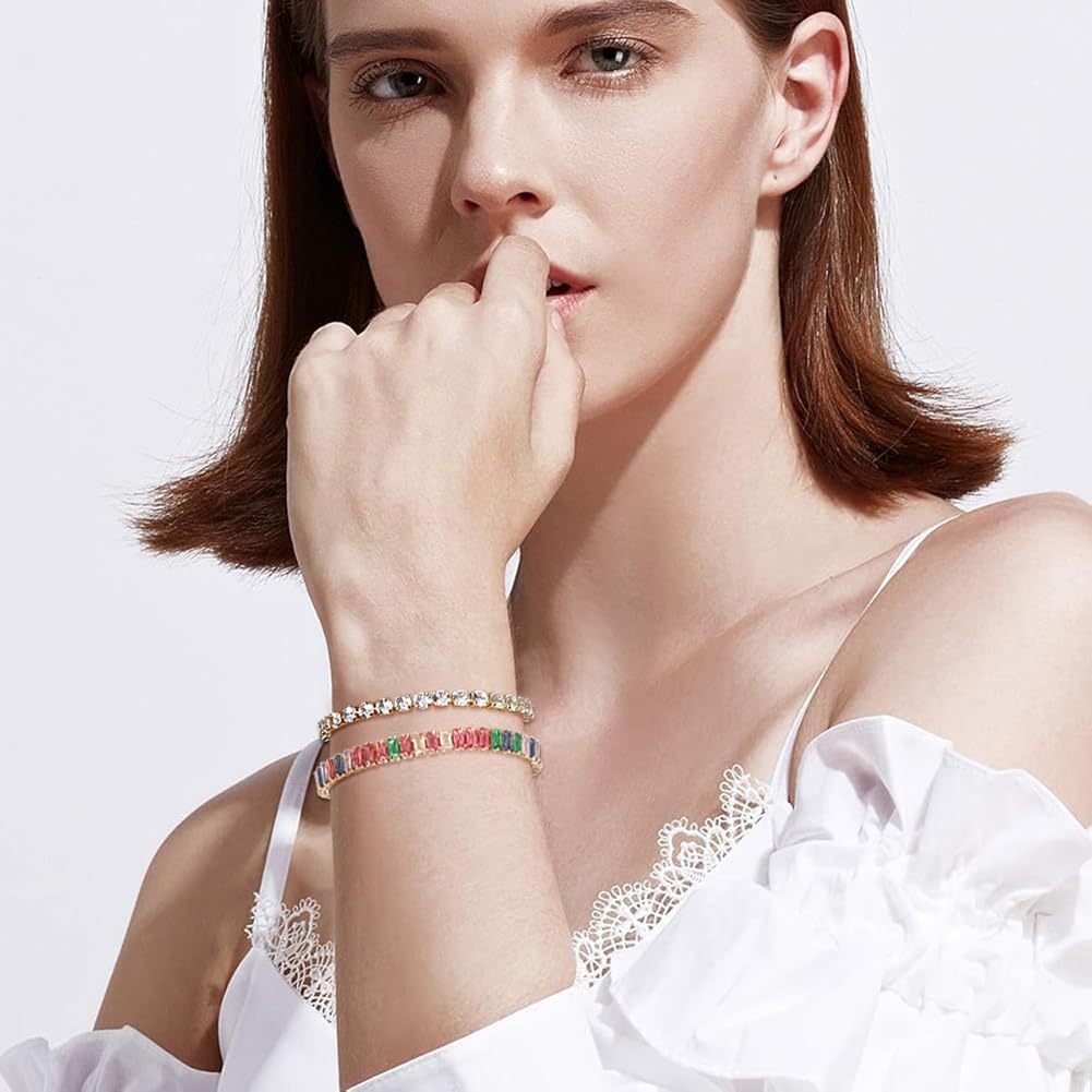 2 Pieces Tennis Bracelets for Women Cubic Zirconia Bracelet Rhinestone Adjustable Slider Bracelets - Image 5