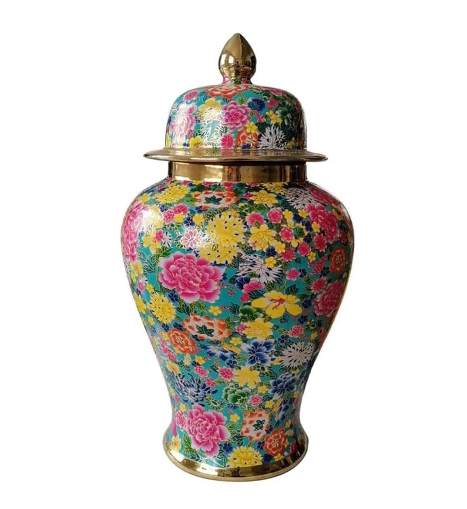 SBJKLYRN ceramic jar， Floral Pattern Ceramic Vase Ginger Jars with Lid for Home Decor,Modern Dried Flower Vase Decoration Temple Jar(20 * 38cm)