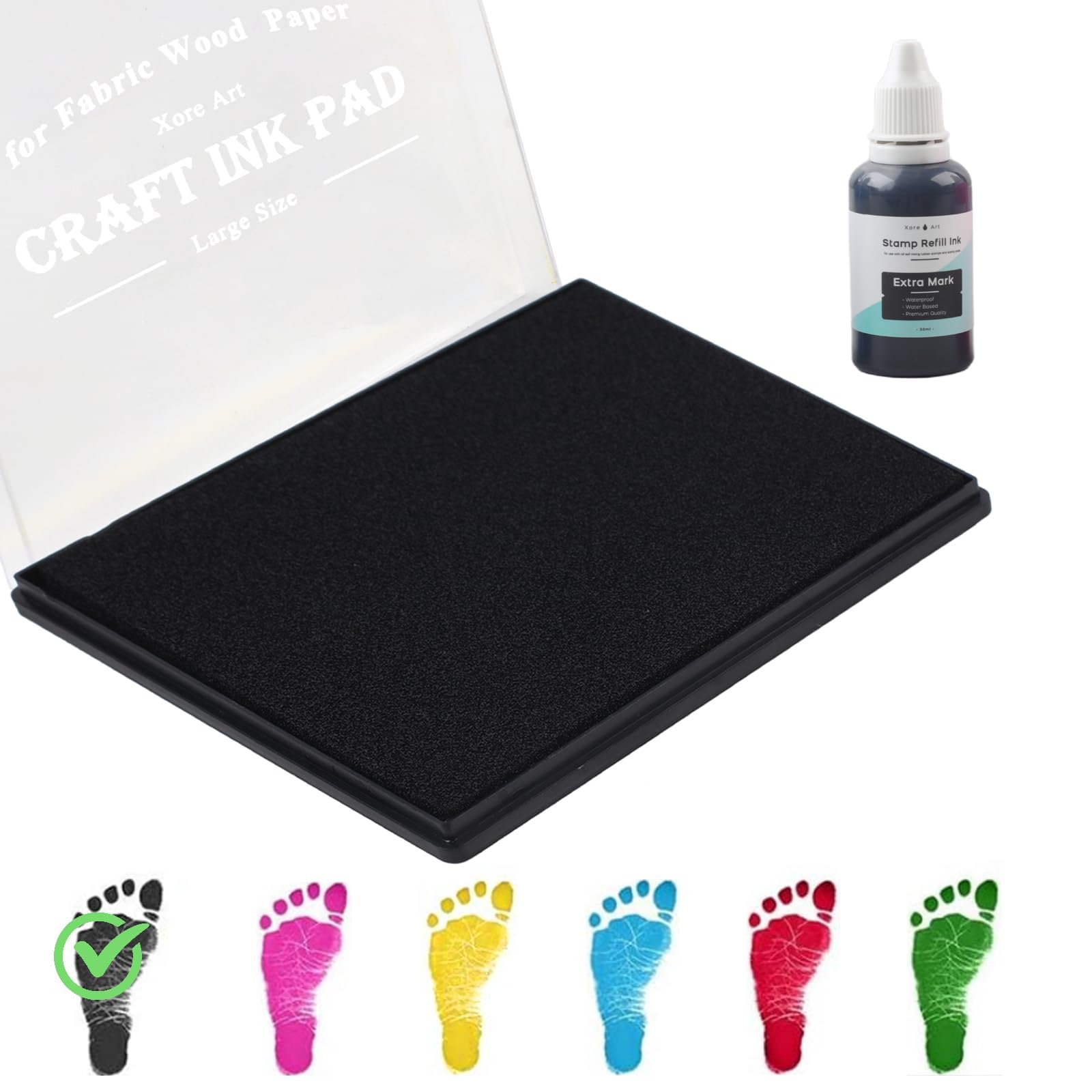 Large Ink Pad, 5x4'' Washable Stamp Ink Pad for Kids+Premium Refill Ink (Black)