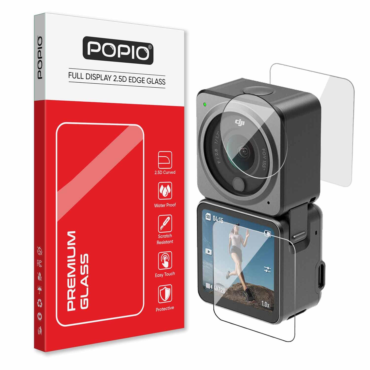 POPIO Tempered Glass Screen Protector Compatible For DJI Action 2 Action Camera (Transparent) Edge-To-Edge Protector Full Screen Coverage With Installation Kit, Complete Set Of 3 Glass
