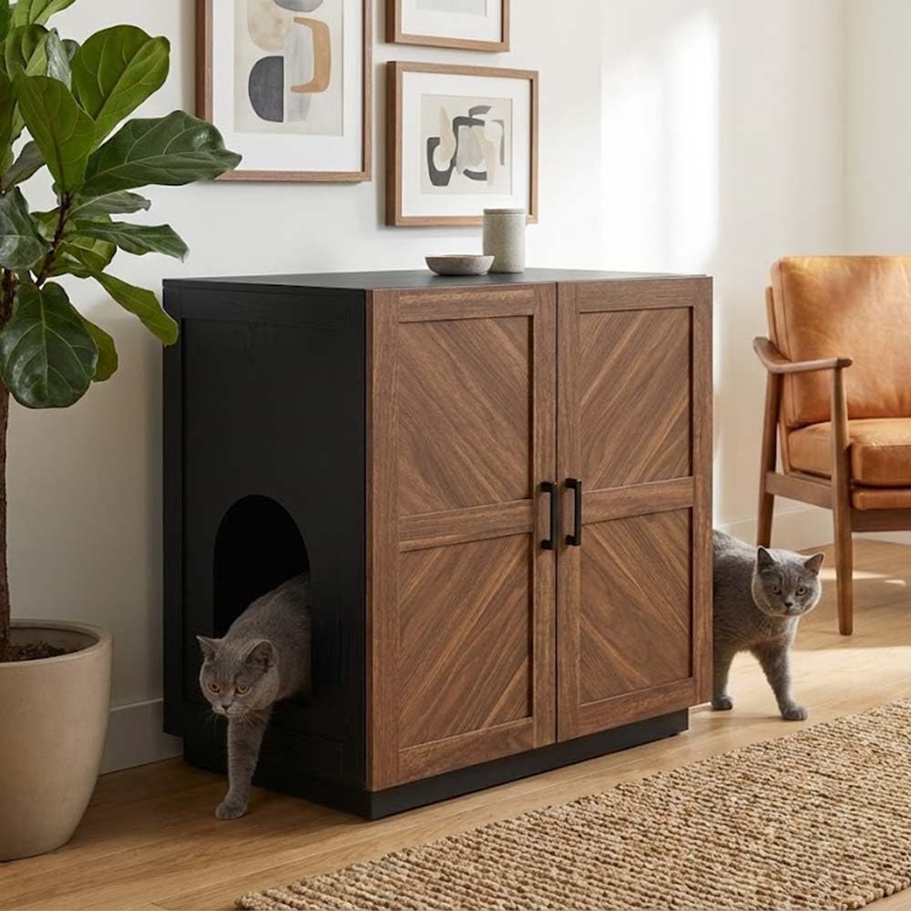 unipaws Cat Litter Box Enclosure Furniture with Storage Shelf, Tall Hidden Litter Box Cover for Tall or Top Entry Litter Box, Kitty Enclosed Cabinet, Cat Box with Odor Control, Walnut and Black