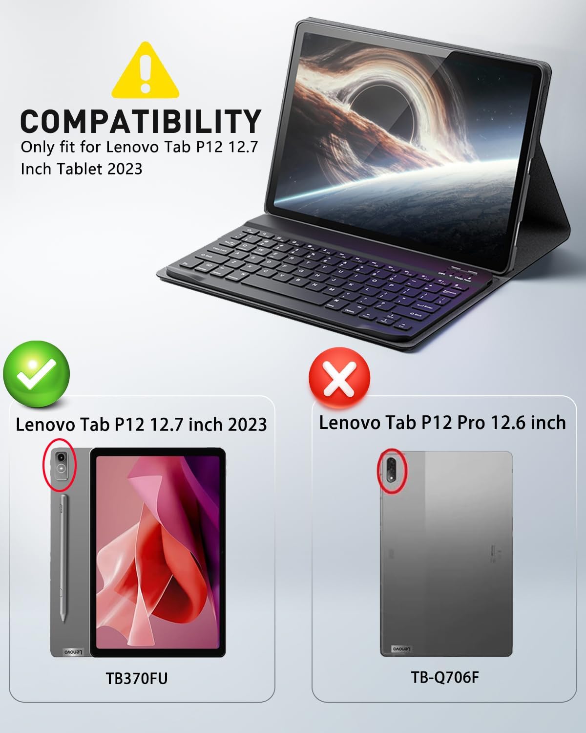 Keyboard Case for Lenovo Tab P12 12.7 Inch 2023/2024 - Mouse and Detachable Keyboard PU Leather Cover Case Auto Sleep/Wake - Black