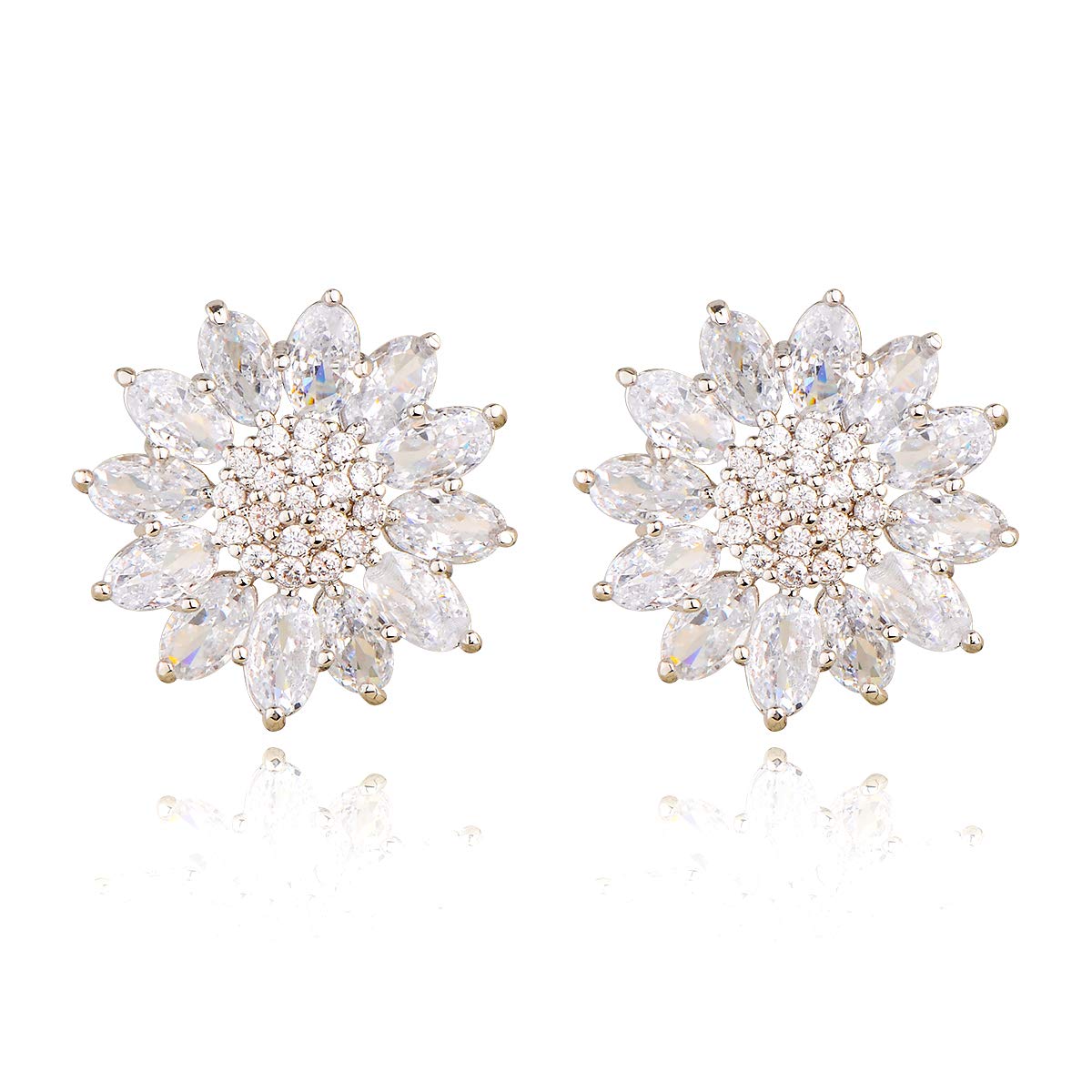 MycittaCrystal Flower Burst Stud Earirings - Big Sterling Silver CZ Cubic Zirconia Rhinestone Daisy Sunflower Floral Cluster Studs Bridal Wedding Party Prom Costume Jewelry for Bride Bridesmaids Women Birthstone Birthday Gift