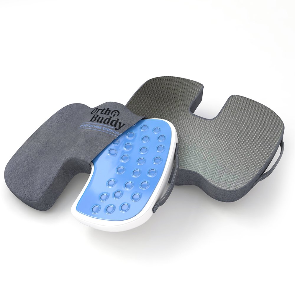 Better Home Essentials Ortho-Buddy Seat Cushion. Enhanced Dual Layer Gel/High Density Memory Foam. Superior Orthopedic Coccyx Comfort Chair Pad. New and Improved Design (Gray)