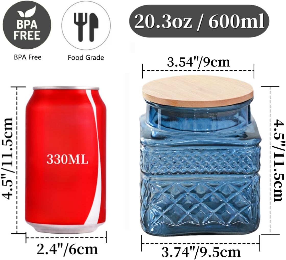 20.3oz Square Glass Canister, Candy Jar with Lid, Glass Food Storage Container for Ground Coffee, Tea, Sugar, Decorative Mason Jar Cute Jars (Blue) - Image 2