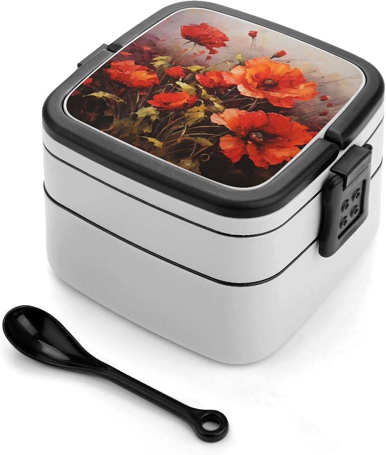 Adults Lunch Box Adult Bento Box Stackable Bento Box BPA-Free Oil Painting Red Flower Lunch Box Food Container Ideal for Meal Prep, Work, And On The Go