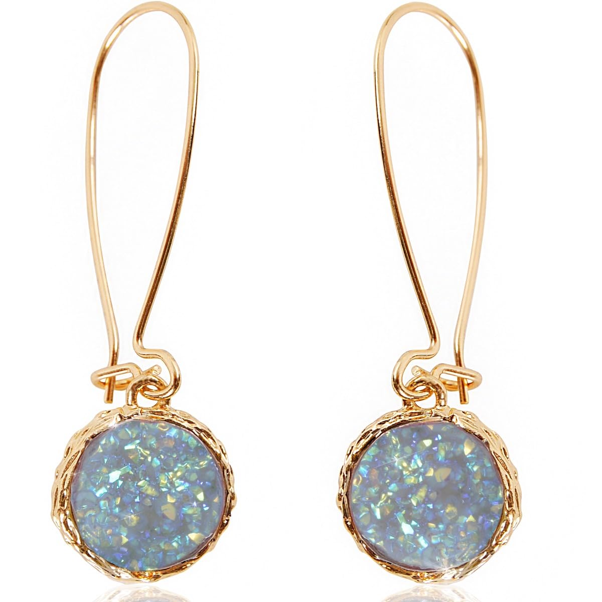 Simulated Druzy Threader Drop Earrings for Women - Gold, Silver, or Rose Gold Tone Trendy Boho Dangles with Sparkly Round Stone