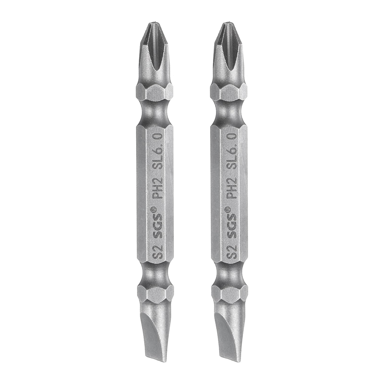 HARFINGTON 2pcs Magnetic Double Ended Screwdriver Bit 6mm PH2/SL6 2.56" Length 1/4" Hex Shank S2 Steel Phillips Cross Slotted Flat Screw Driver Bit