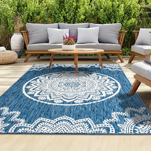 Image of homeart Outdoor Rug - Easy-Clean, Durable, Stain-Resistant, Weather & UV Resistant Indoor & Outdoor Rugs for Porch, Deck, Balcony, Garden, Picnic and Patio | Mandala Blue, Cream - 120x170cm
