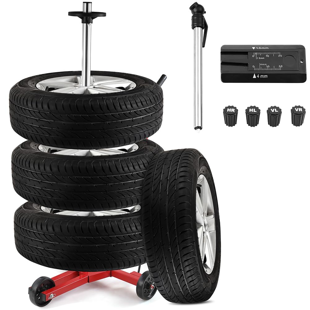 BAKAJI Arbre de tige de pneu en fer avec roues pivotantes pour jantes de voiture, camion, moto, étagère de pneu mobile gain de place pour pneus, atelier, mécanique