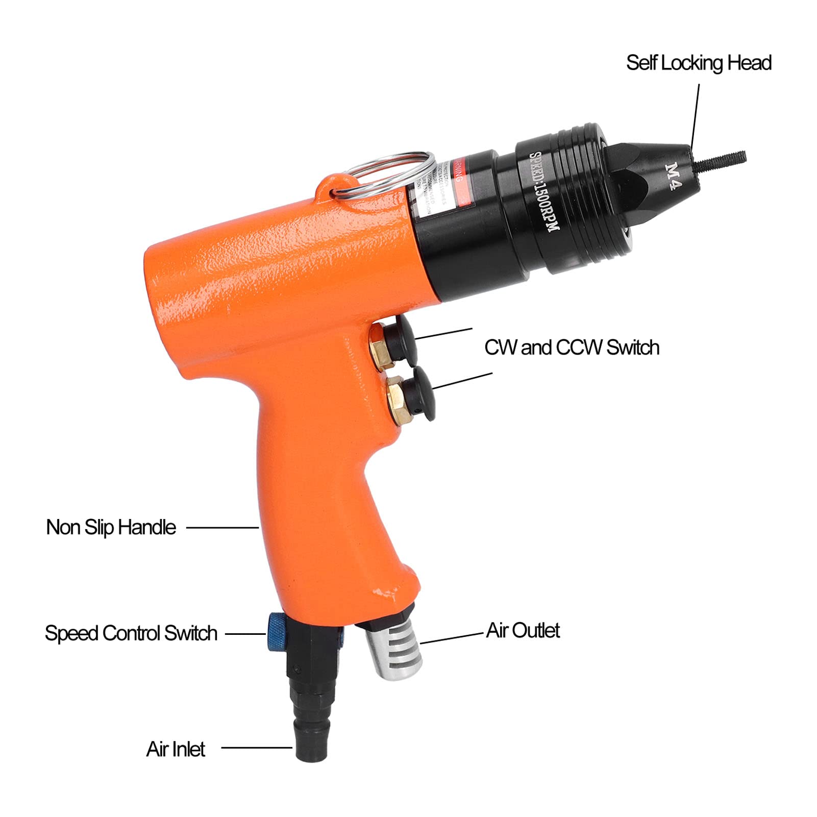 Srliya Herramienta de Remache Neumática Pistola de Tuercas de Remachado de Aire Herramienta de Tuercas de Remache 1500 Rpm Cabezal Autoblocante M3 M4 Entrada de Aire de 1 4 Pulgad