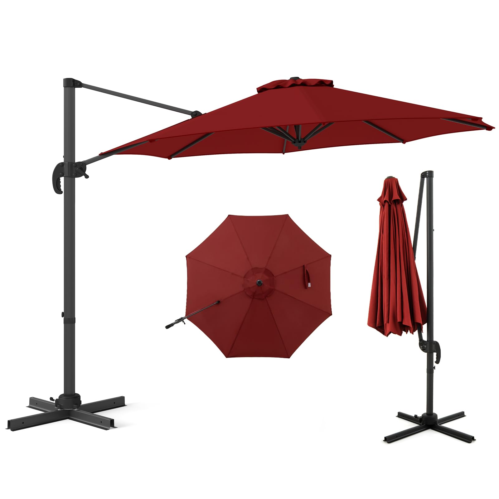 COSTWAY Parasol Déporté Professionnel 3M, Parasol de Jardin Exterieur avec Pied et Manivelle, Anti-UV, Pivotant à 360°, Inclinable, Poteau en Aluminium, pour Terrasse, Patio, Balcon (Bordeaux)