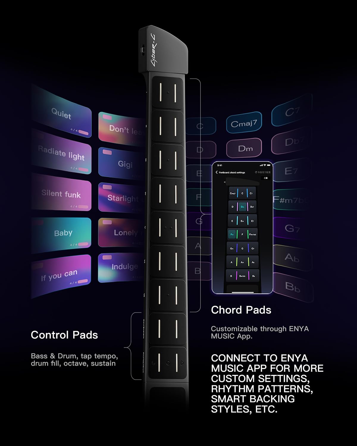 Enya CYBER-G Silent & E-Guitar con Tasti LED, Nero