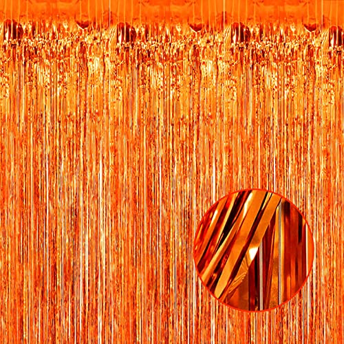 Image of 4 Pack Orange Foil Fringe Curtain Backdrop, 3.28Ftx8.2Ft Metallic Tinsel Foil Fringe Streamers Curtains for Party, Photo Booth Props, Birthday, 2022 Mother's Day Decoration Supplies