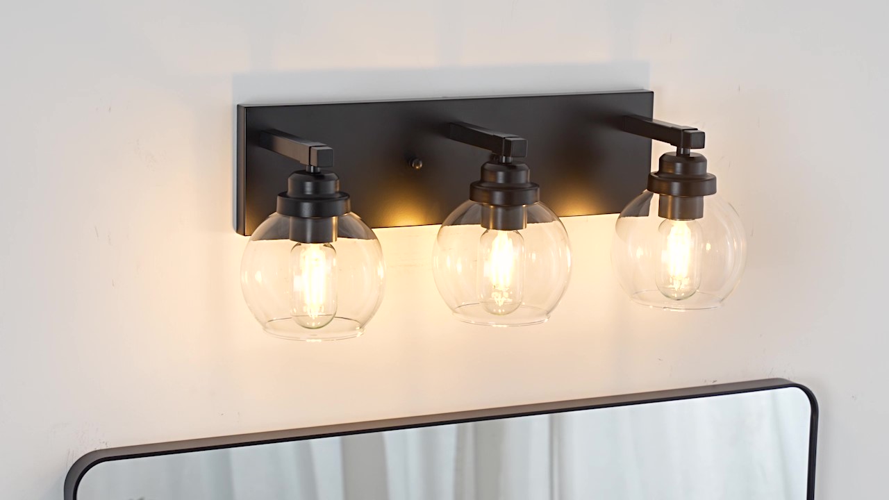 Image of LmnLvn Farmhouse 3-Light Vanity Light, Matte Black Metal with Glass Shade