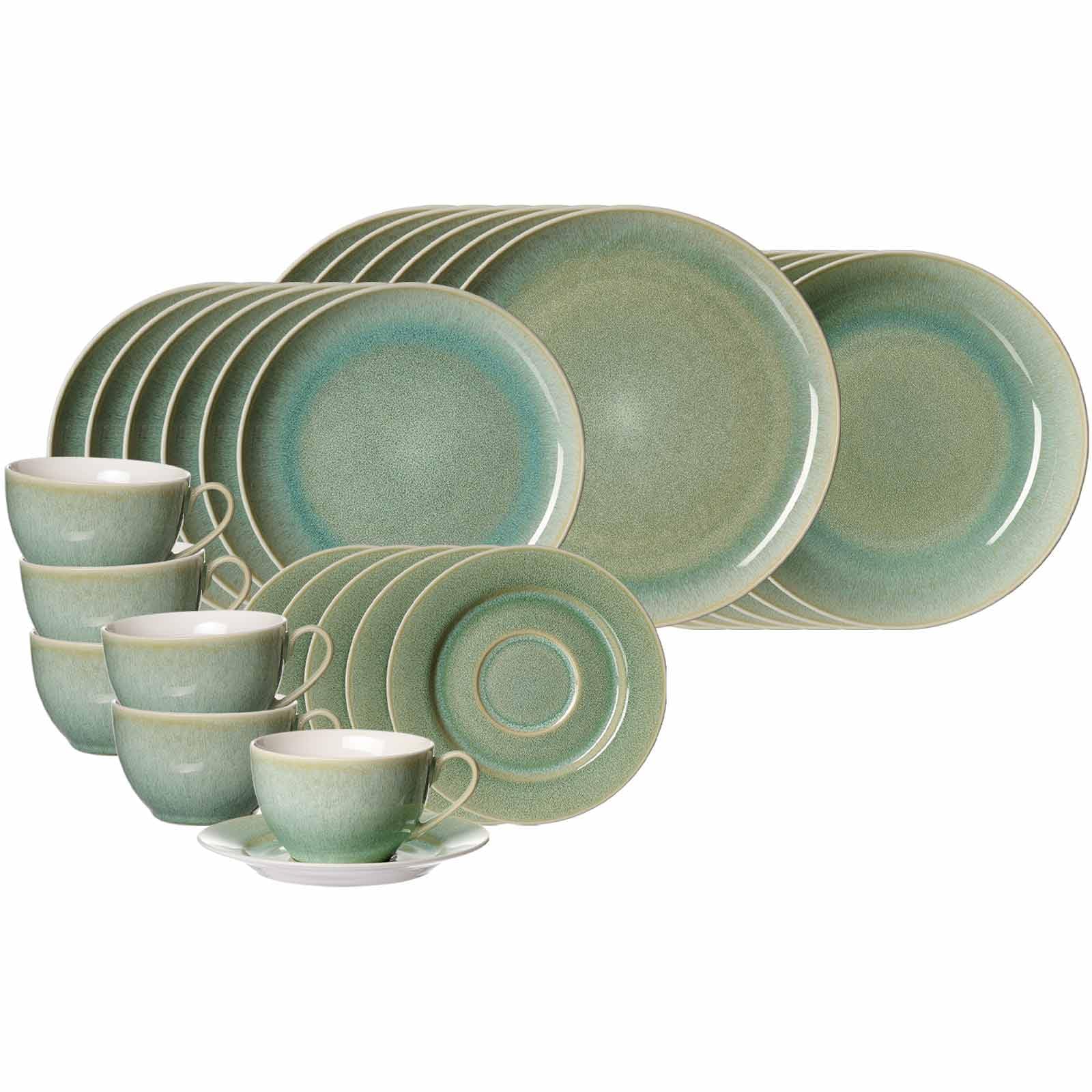 Ritzenhoff & Breker Borneo Kombi-Set 30-teilig | Kombiservice für 6 Personen | Teller, Schalen, Tassen und Untertassen mit Reaktivglasur | Steinzeug, Spülmaschinen- & Mikrowellenfest | Grün