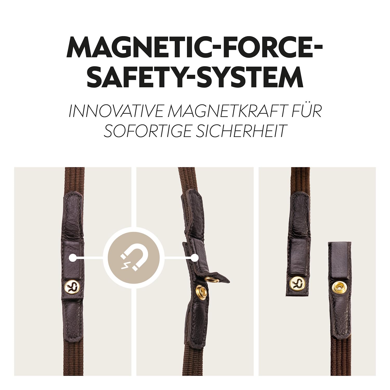 SUNRIDE Sicherheitszügel mit Magnet (NoPanic) für Pferde - Gurtzügel - MagneticForce-Sicherheitssystem - mit Stegen - handgefertigt - Echtleder - (braun, Pony (255 cm))
