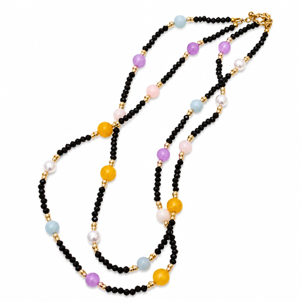 Generico Collana Donna a Doppio Filo con Cristalli Neri | Pietre Dure Multicolore | Collana Elegante con Componenti | Chiusura in Acciaio Dorato | Gioiello Donna Idea Regalo