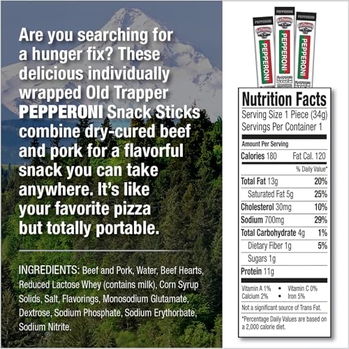 Image of Old Trapper Pepperoni Sticks, 1.2-Ounce Individually Wrapped Packages, Natural Wood Smoked Meat Snacks, 11 Grams of Protein per Serving (Pack of 24)