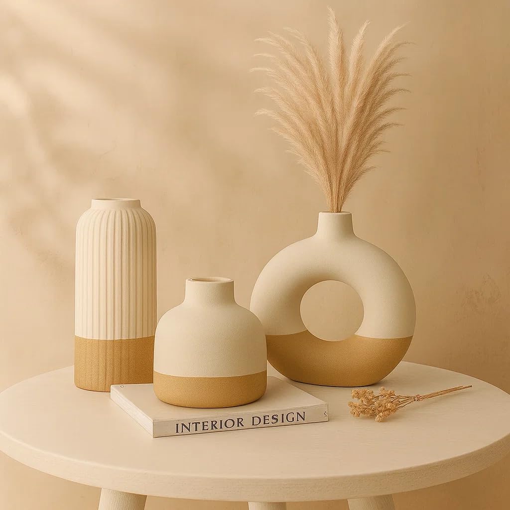 SPHINX Modern Ceramic Vase Set of 3 | Ribbed 6 Inch Vase, Donut 6 Inch & 4 Inch Small Vase | Neutral Cream Sand Design | Home Decor, Table Decor, Flowers, Pampas