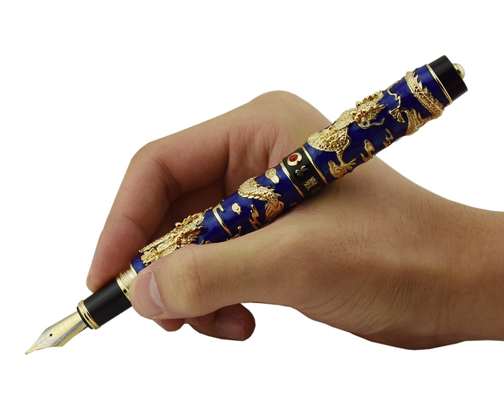 Jinhao Stylo plume double dragon à pointe moyenne avec convertisseur de recharges d'encre, bleu cloisonné