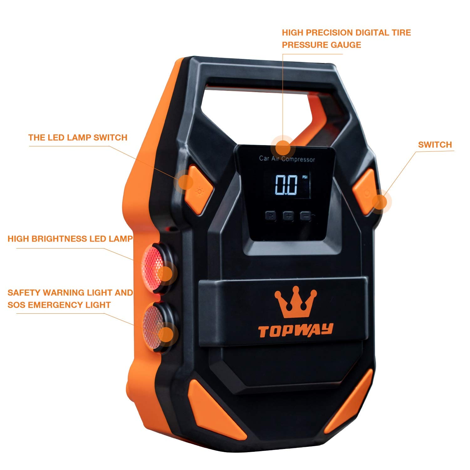 TOPWAY Compressore Aria Portatile Auto 12V con Luce di Emergenza a LED, Gonfiatore per Pneumatici per Auto, Mini Pompa di Gonfiaggio d'Aria per Auto Camper Camion in Borsa di Stoffa