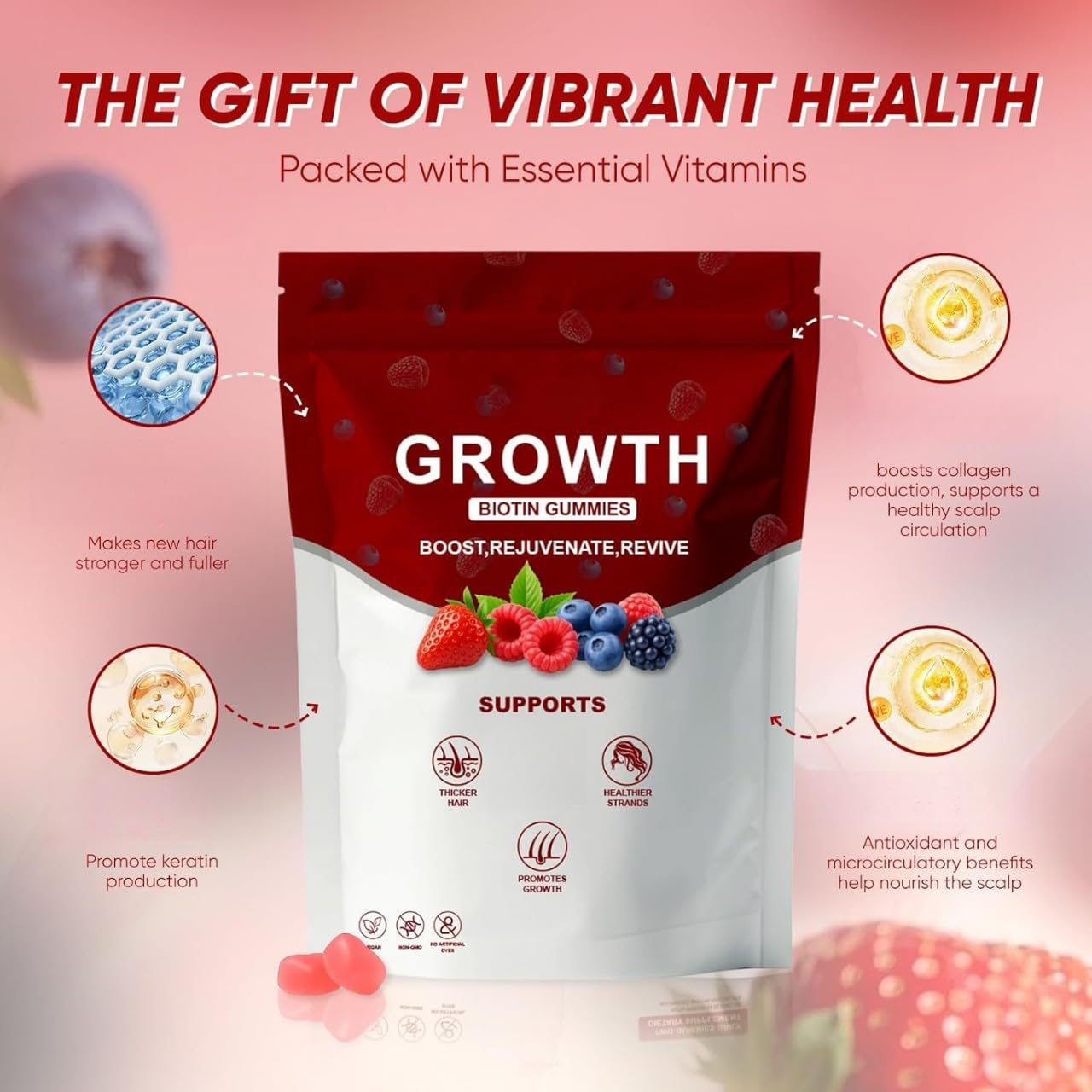 Gummies per Crescita Capelli con Biotina, Collagene & Estratti Vegetali | Supportano la Forza dei Capelli, la Salute della Pelle & delle Unghie, Senza OGM