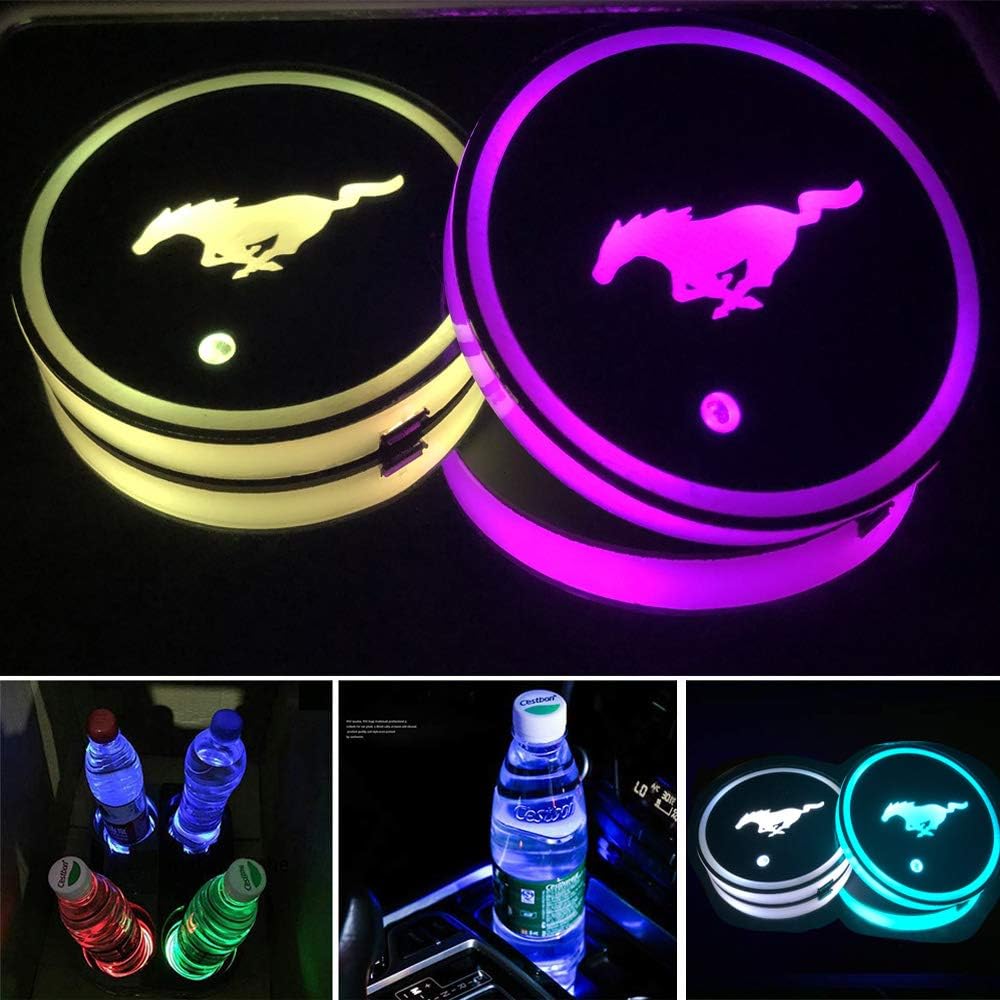 LED Car Cup Holder Lights for Mustang, 2PCS Car Logo Cup Coaster with 7 Colors Changing USB Charging Mat, Luminescent Cup Pad Interior Atmosphere Lamp Cool Car Accessories for Mustang