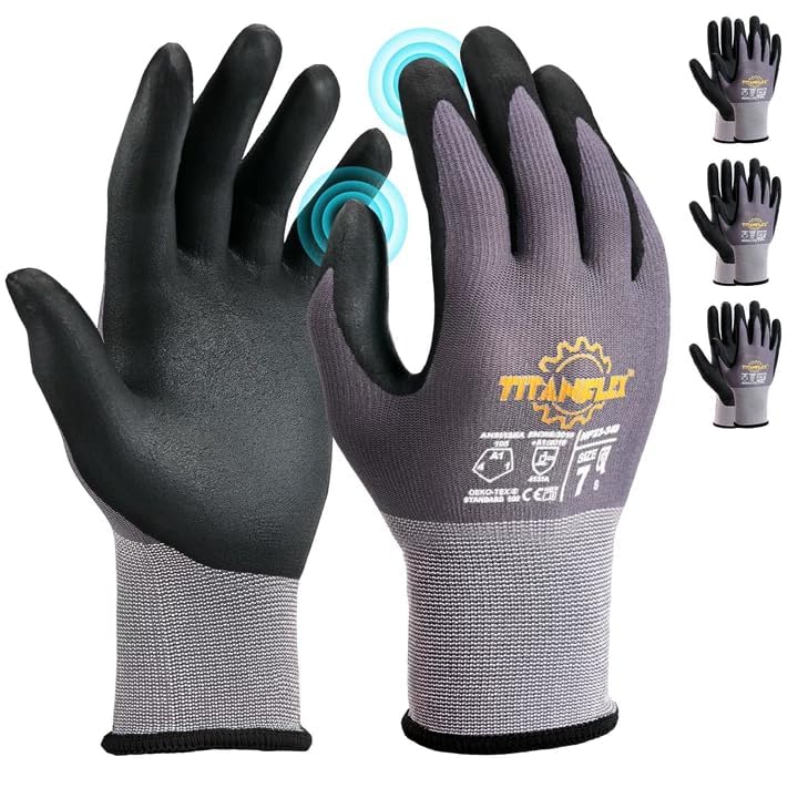 TitanFlex Work Gloves Microfoam Nitrile Coated Men Women-3 Pairs, Safety Warehouse Gloves Mens Working Glove with Grip Heavy Duty, Touchscreen,