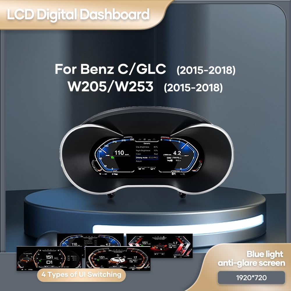 Digital Dash, Aftermarket Digital Instrument Cluster, Car Digital Dashboard for Benz C/GLC (2015-2018) W205/W253 (2015-2018), Panel Speedometer Virtual Cockpit Instrument Cluster