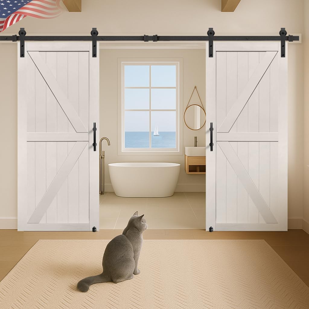 S&Z TOPHAND® 26in x 80in Double Sliding MDF Barn Door with 10FT Sliding Door Hardware Kit, Solid Slab Covered with Water-Proof PVC Surface, Simple DIY Assembly