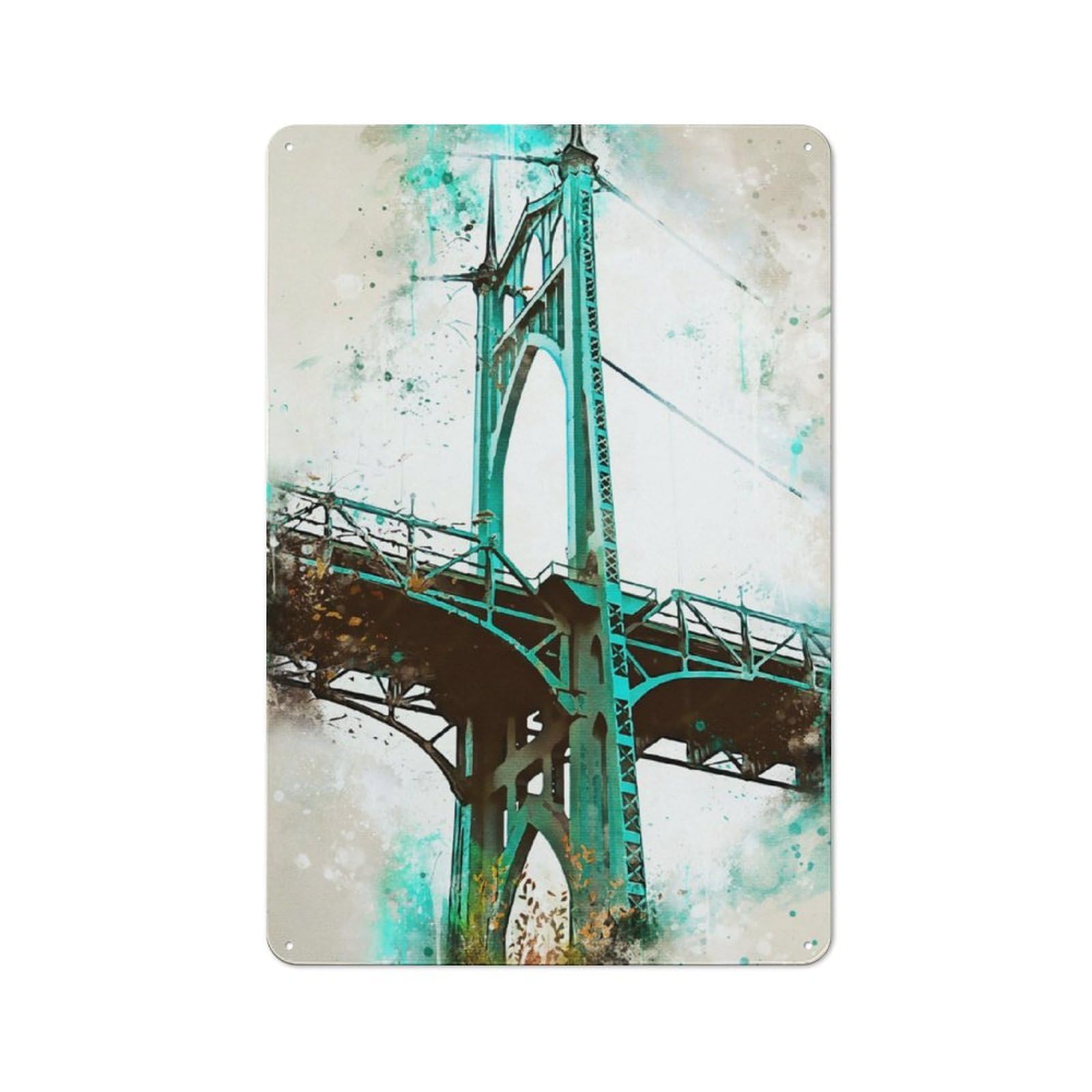 Junmoney Portland Bridge Watercolor Tin Wall Plaque 30X20cm With For Guest Room Or Hallway, For Home Office, Studio And Craft Room Walls