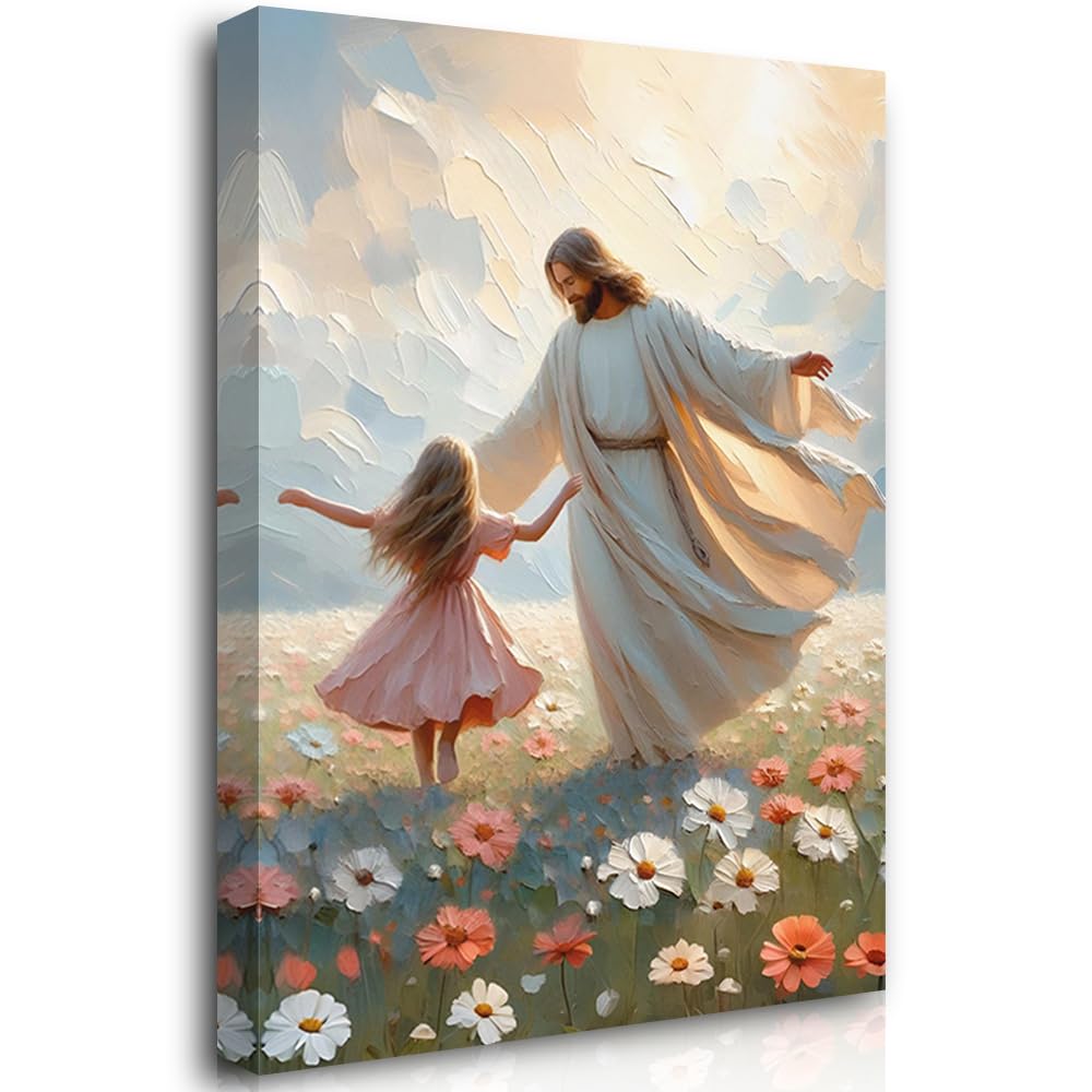 Reateforin A Dance of Grace,Jesus and Girl Dancing Little Girl LDS Art Modern Christian Wall Art Kids Bible Art Painting Jesus with Children Print Jesus Pictures for Wall Religious Wall Decor 16"X24"