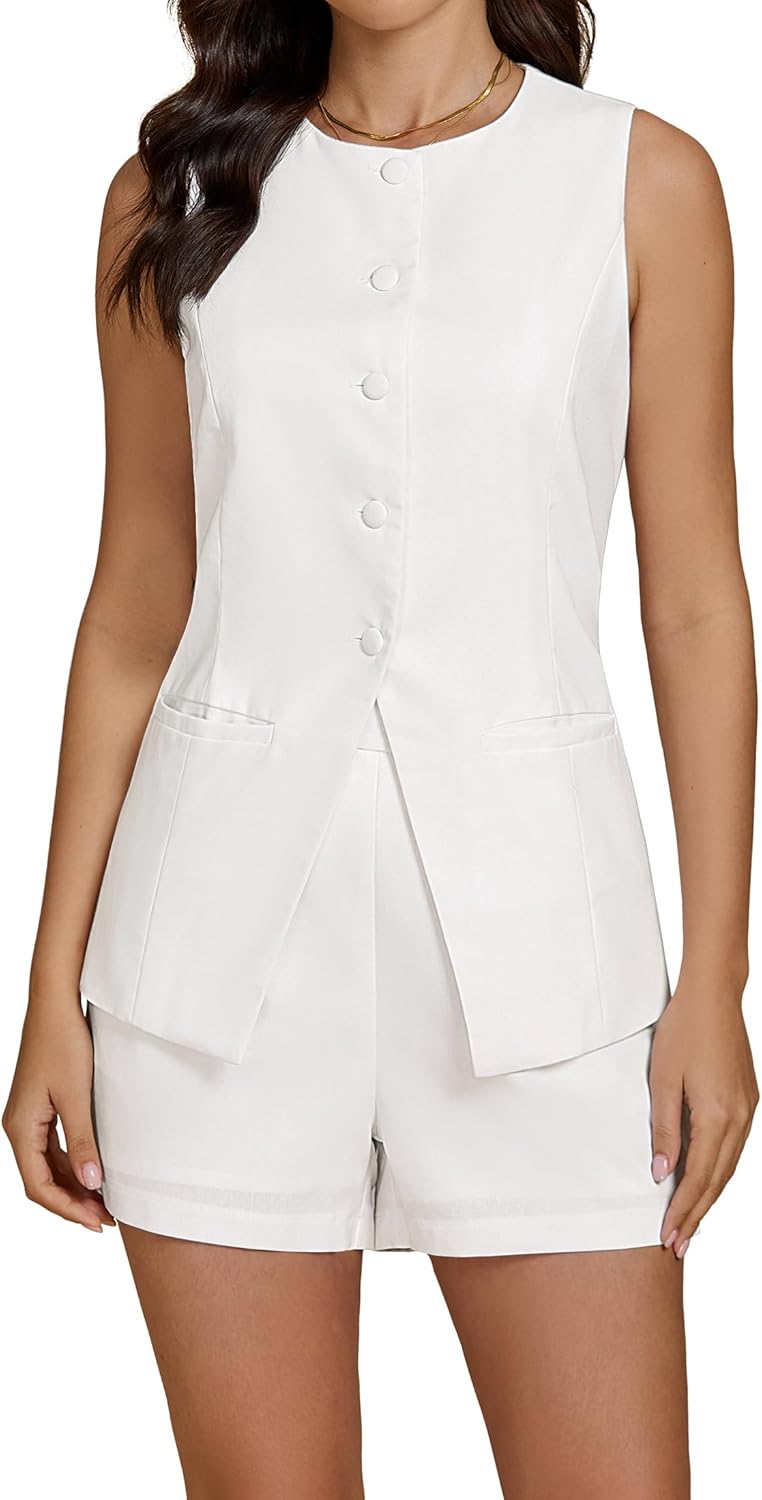 luvamia Linen Sets for Women 2 Piece Outfits Summer Shorts Button Down Vest Dressy Causal Vacation Comfy Matching Set