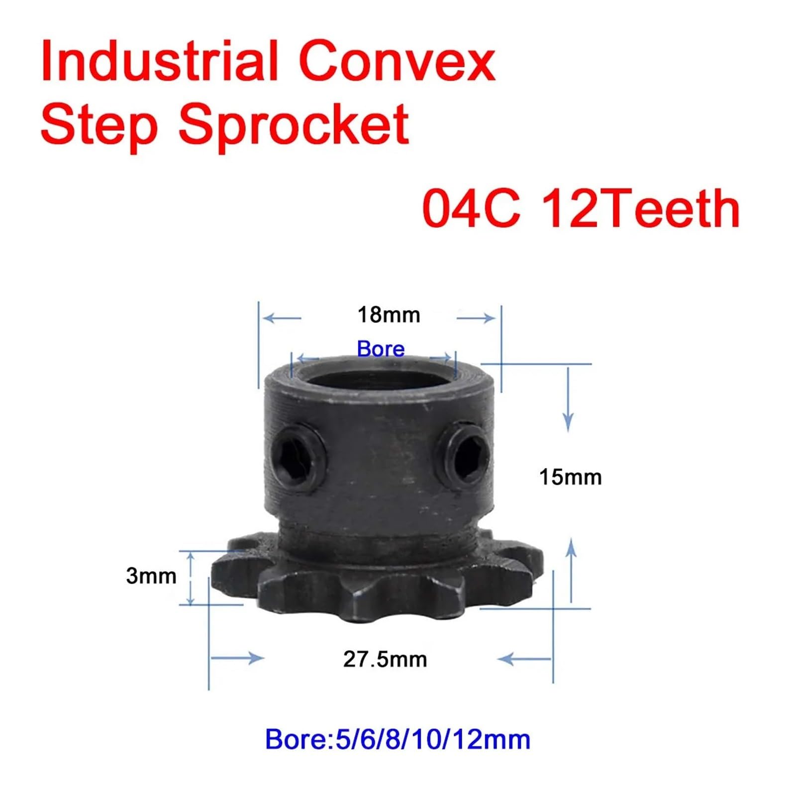 Bevel Gear Pinion Hardware Mechanical 1Pcs 04C Chain Gear 12 Teeth Industrial Sprocket Wheel with Top Wire M5 Bore 5/6/8/10/12mm for 04C-1 Chain 25H-1 Chain(12mm)