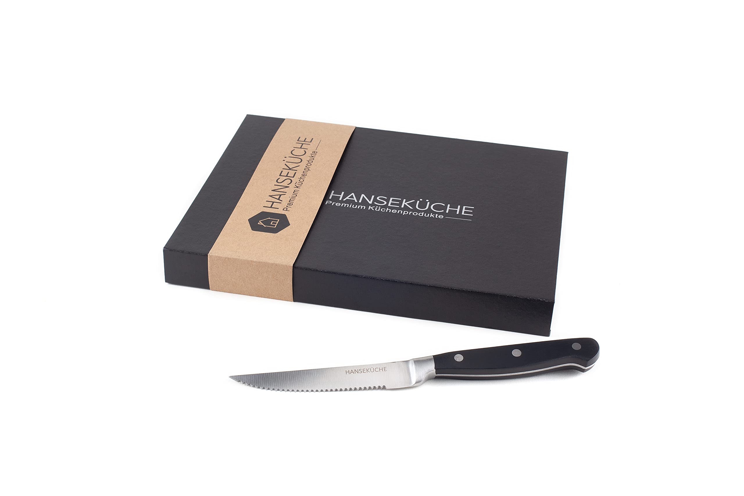 Hanseküche Set di Coltelli da Bistecca – 6x Coltelli da Bistecca di Alta Qualità con Manico in Legno – Elegante Set di Posate in Acciaio Speciale Inossidabile con Lama Seghettata e Confezione Regalo