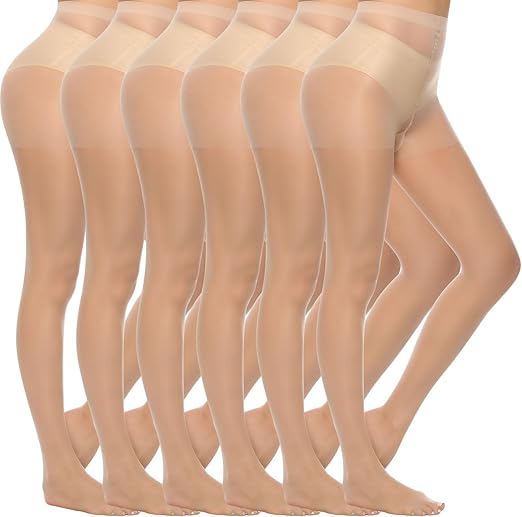 MANZI 6 Pairs Women's 20D Sheer Silky Pantyhose Run Resistant Nylon Tights High Waist Stockings with Control Top