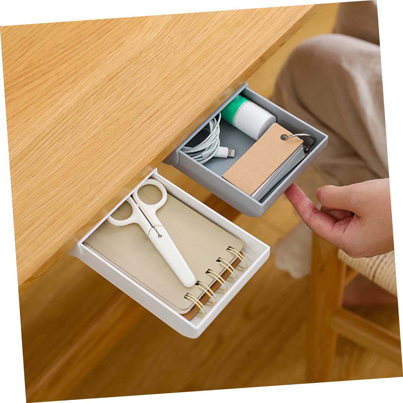 SHINEOFI Caja de Almacenamiento Oculta Adhesiva Debajo del Escritorio, Diseño Cajón, Organizador Abs para Bolígrafos y Papelería, 4 Piezas