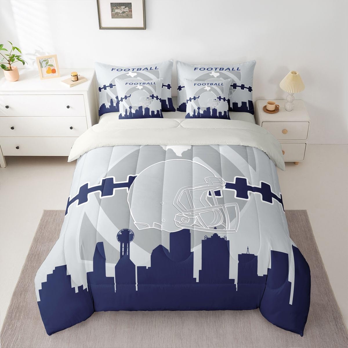 Erosebridal 7 Pcs Comforter Set Queen Size,Football Bed in a Bag with Flat Sheet and Fitted Sheet for Kids and Adults,Boys Football Bedding Set with Pillowcases and Cushion Cases